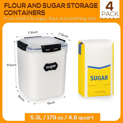 4 Pack 5.3L Thick Flour Sugar Storage Containers for Pantry, Airtight | 179Oz/4.8QT, BPA-Free Plastic, Large Food Storage Containers with Lids for Dry Food, Pasta, Cereal, Rice& Baking Supplies
