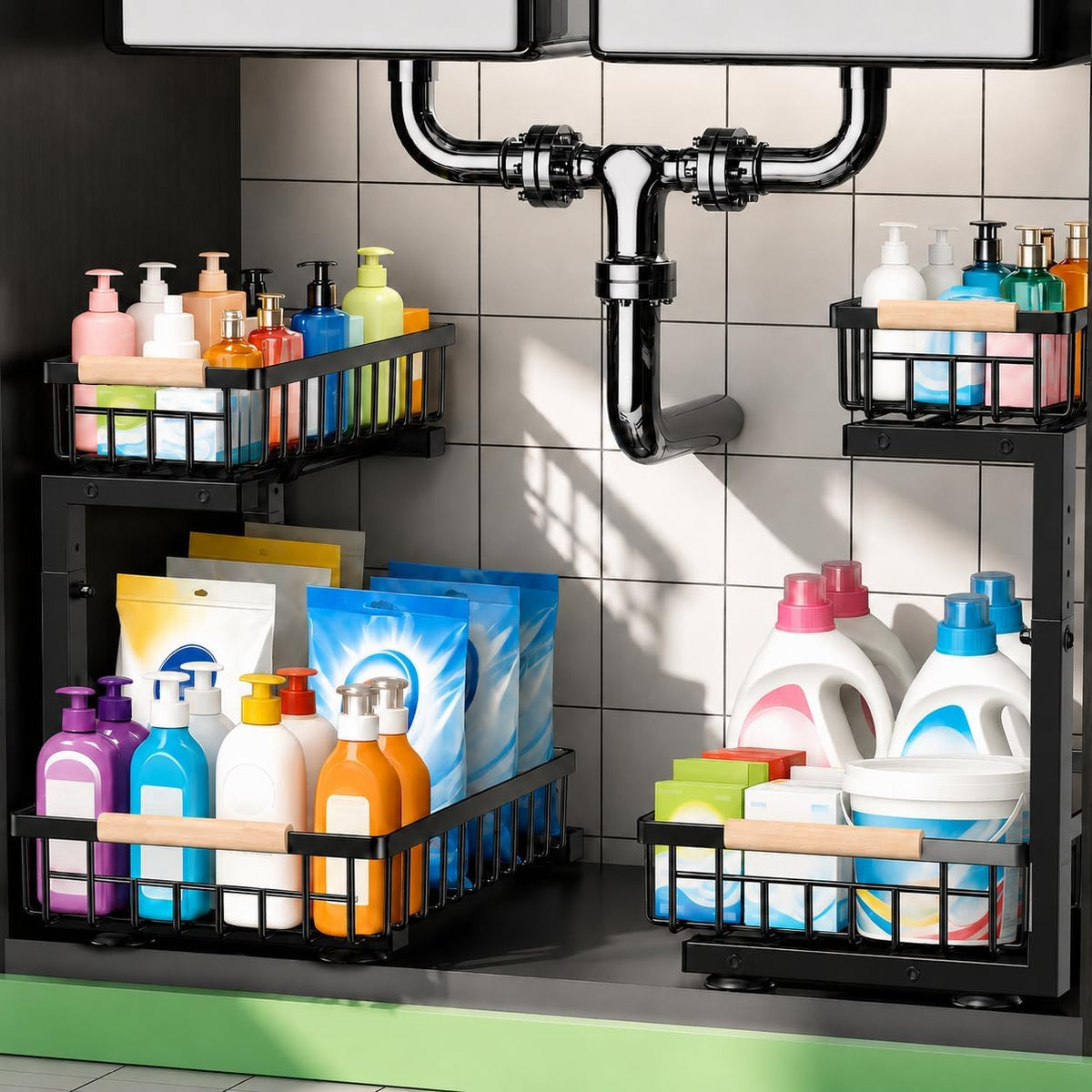 Under Sink Organizer, Pull Out Kitchen Storage Cabinet Organizer, 2-Tier Metal Slide Out Shelf for Bathroom Laundry Kitchen Storage with Drawers, 11.8"W x 15.9"D x 13.8-16.9"H, White, 2 Pack