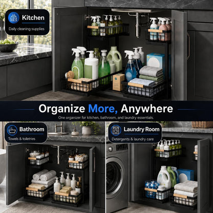 Under Sink Organizer, Pull Out Kitchen Storage Cabinet Organizer, 2-Tier Metal Slide Out Shelf for Bathroom Laundry Kitchen Storage with Drawers, 11.8"W x 15.9"D x 13.8-16.9"H, White, 2 Pack