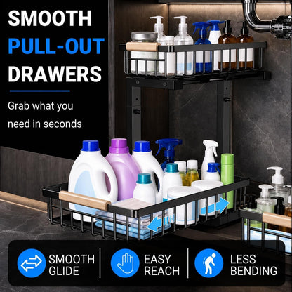 Under Sink Organizer, Pull Out Kitchen Storage Cabinet Organizer, 2-Tier Metal Slide Out Shelf for Bathroom Laundry Kitchen Storage with Drawers, 11.8"W x 15.9"D x 13.8-16.9"H, White, 2 Pack