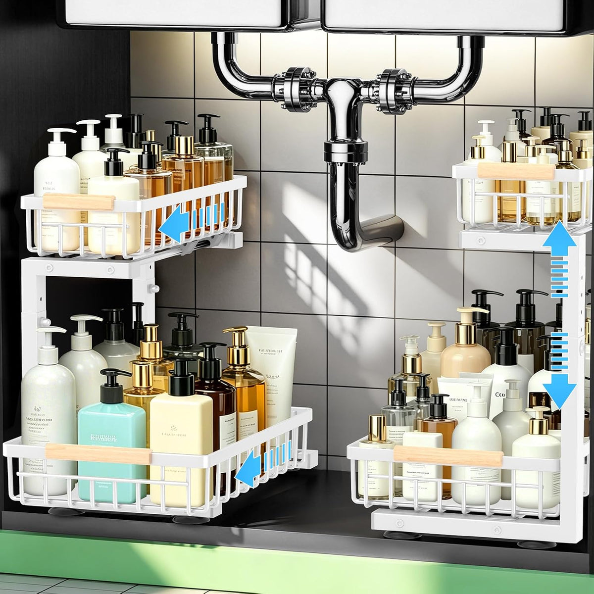 Under Sink Organizer, Pull Out Kitchen Storage Cabinet Organizer, 2-Tier Metal Slide Out Shelf for Bathroom Laundry Kitchen Storage with Drawers, 11.8"W x 15.9"D x 13.8-16.9"H, White, 2 Pack