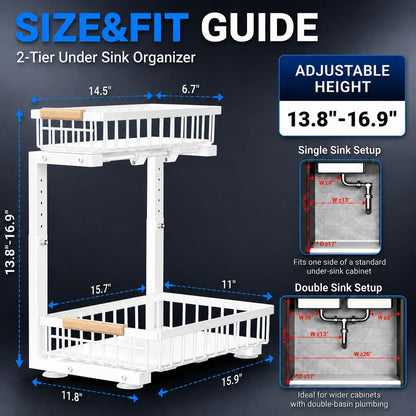 Under Sink Organizer, Pull Out Kitchen Storage Cabinet Organizer, 2-Tier Metal Slide Out Shelf for Bathroom Laundry Kitchen Storage with Drawers, 11.8"W x 15.9"D x 13.8-16.9"H, White, 2 Pack