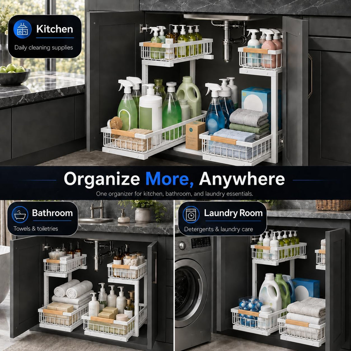 Under Sink Organizer, Pull Out Kitchen Storage Cabinet Organizer, 2-Tier Metal Slide Out Shelf for Bathroom Laundry Kitchen Storage with Drawers, 11.8"W x 15.9"D x 13.8-16.9"H, White, 2 Pack