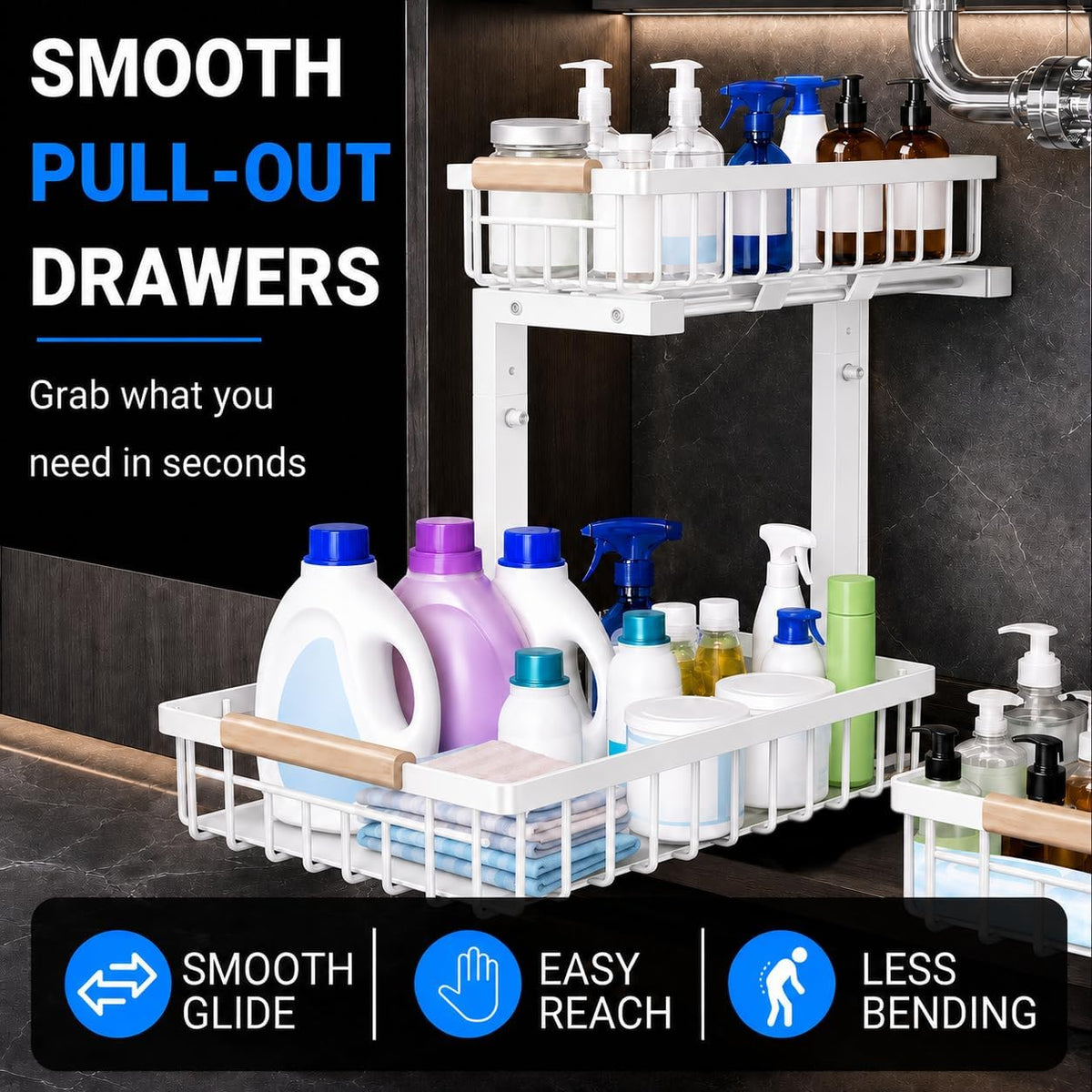 Under Sink Organizer, Pull Out Kitchen Storage Cabinet Organizer, 2-Tier Metal Slide Out Shelf for Bathroom Laundry Kitchen Storage with Drawers, 11.8"W x 15.9"D x 13.8-16.9"H, White, 2 Pack