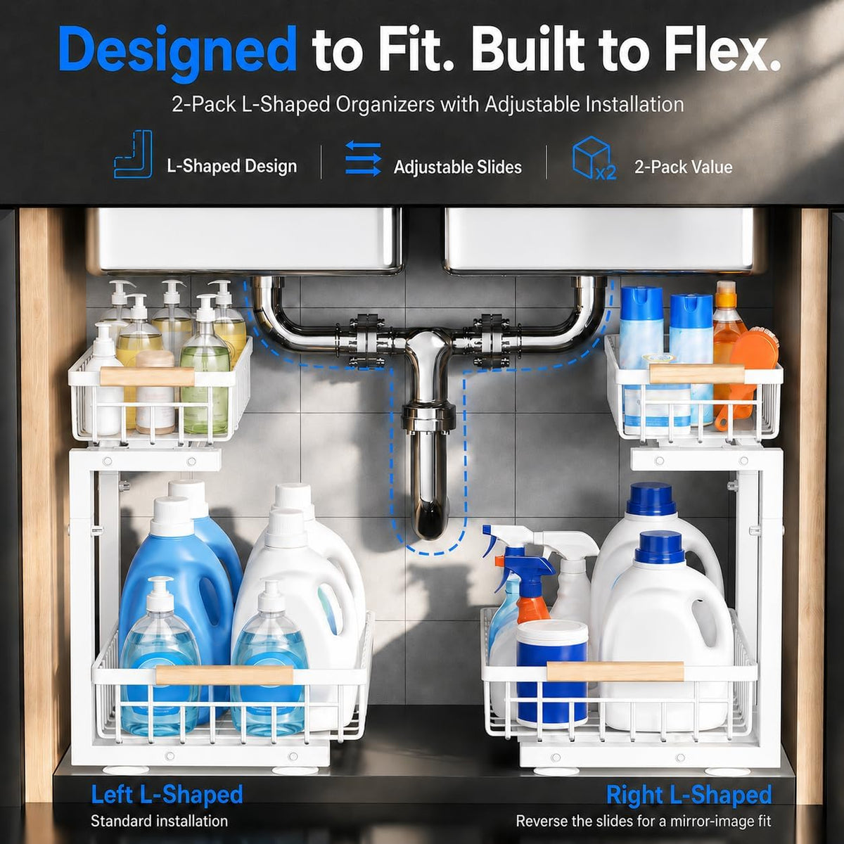 Under Sink Organizer, Pull Out Kitchen Storage Cabinet Organizer, 2-Tier Metal Slide Out Shelf for Bathroom Laundry Kitchen Storage with Drawers, 11.8"W x 15.9"D x 13.8-16.9"H, White, 2 Pack