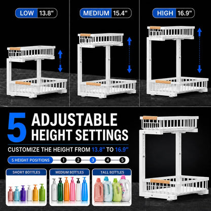 Under Sink Organizer, Pull Out Kitchen Storage Cabinet Organizer, 2-Tier Metal Slide Out Shelf for Bathroom Laundry Kitchen Storage with Drawers, 11.8"W x 15.9"D x 13.8-16.9"H, White, 2 Pack