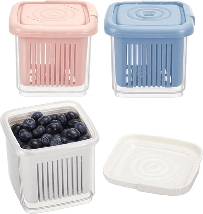 Set of 3 Berry Containers for Fridge, 1-Quart Berry Basket with Removable Colander, Kitchen Fruit Baskets for refrigerator, for Strawberry, Grape, Cherry, Berries Fresh longer