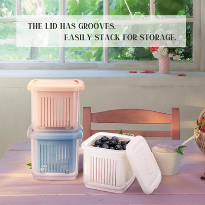 Set of 3 Berry Containers for Fridge, 1-Quart Berry Basket with Removable Colander, Kitchen Fruit Baskets for refrigerator, for Strawberry, Grape, Cherry, Berries Fresh longer