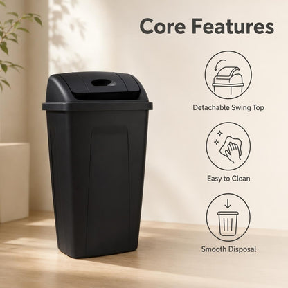 Black Plastic Slim Trash Can with Detachable Swing Lid, 16.5" W