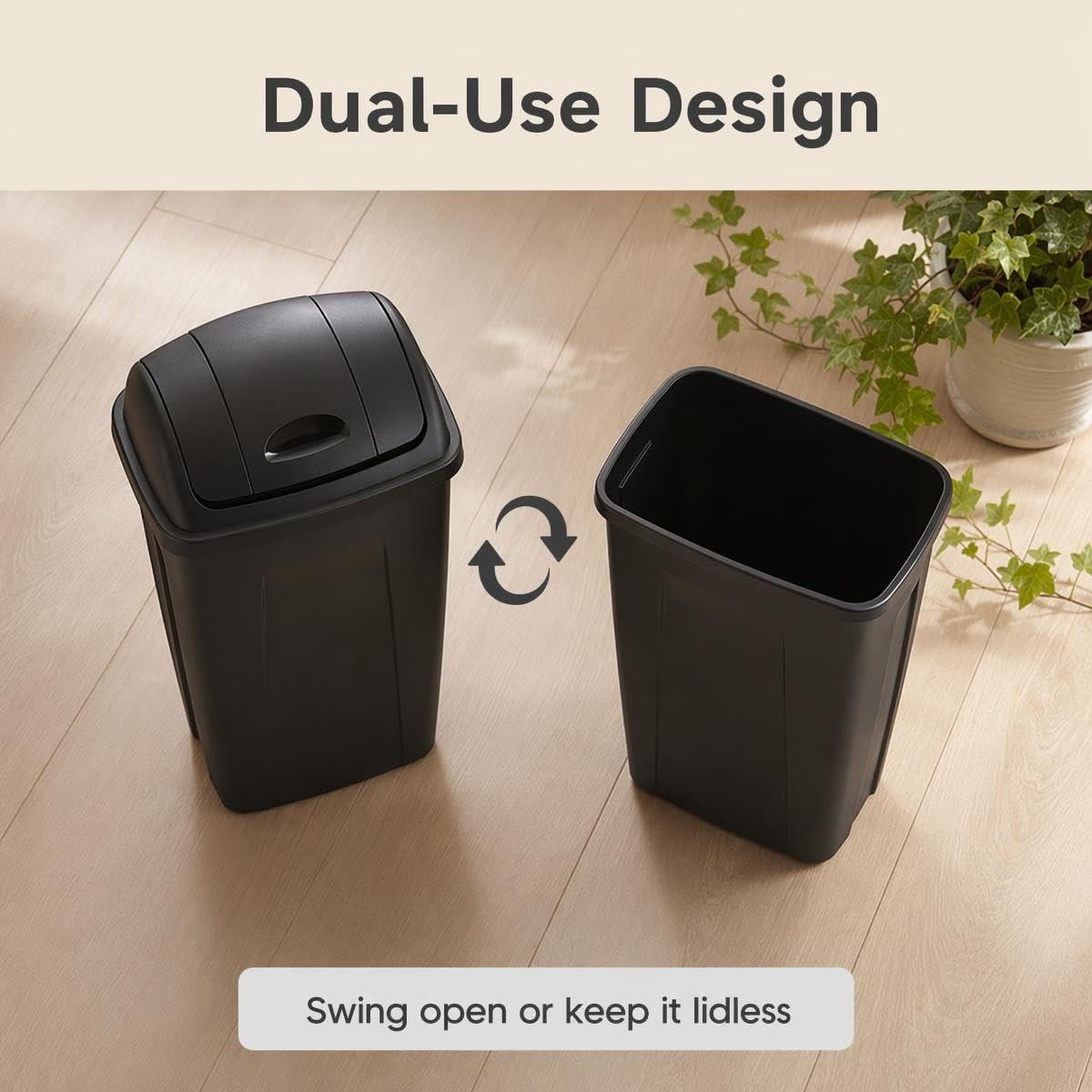 Black Plastic Slim Trash Can with Detachable Swing Lid, 16.5" W
