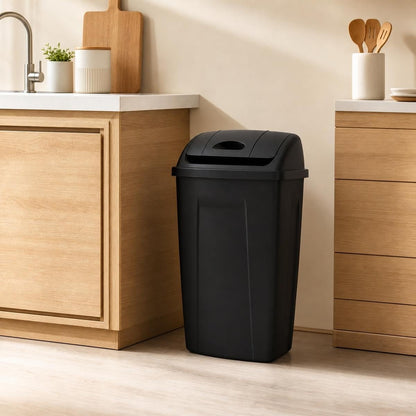 Black Plastic Slim Trash Can with Detachable Swing Lid, 16.5" W