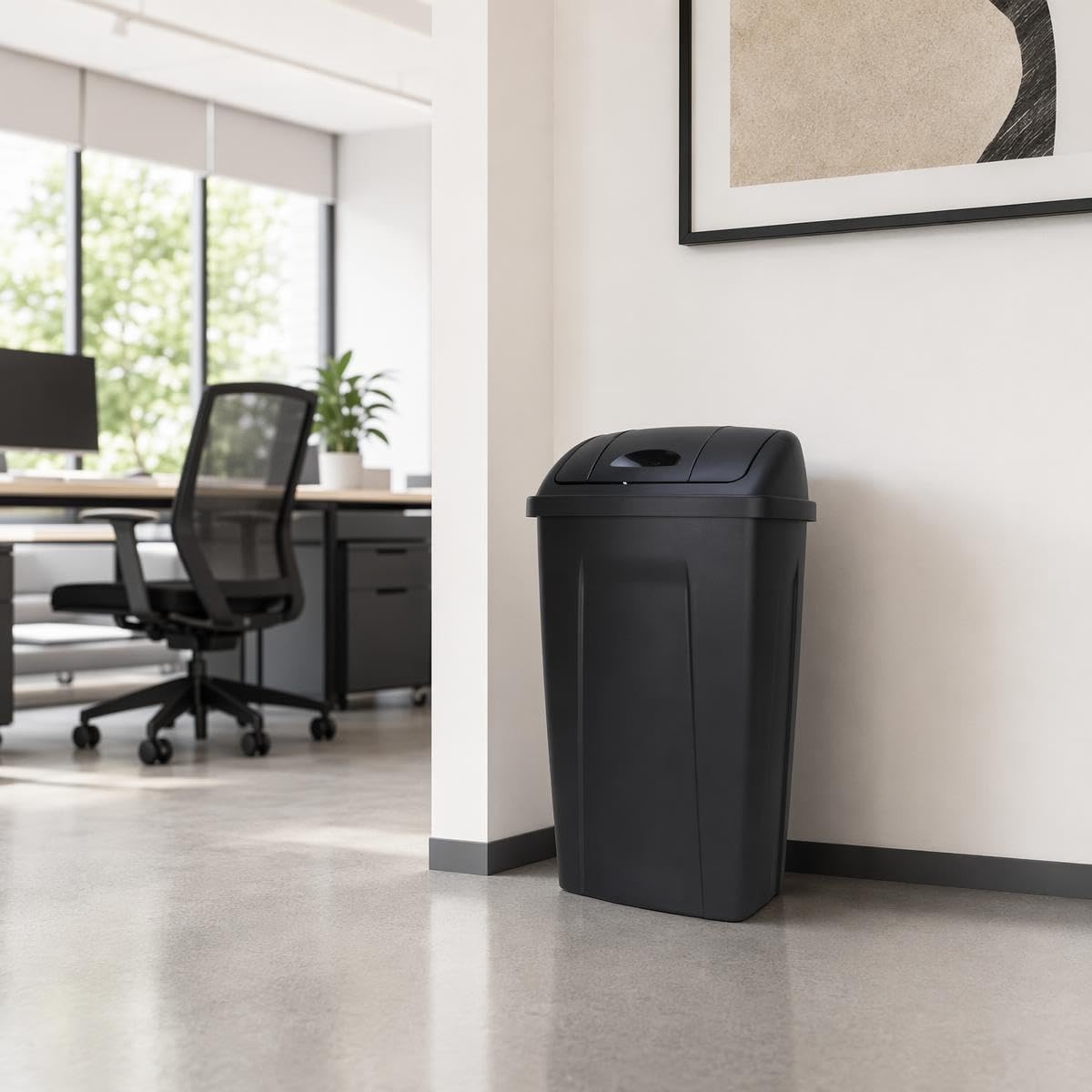 Black Plastic Slim Trash Can with Detachable Swing Lid, 16.5" W