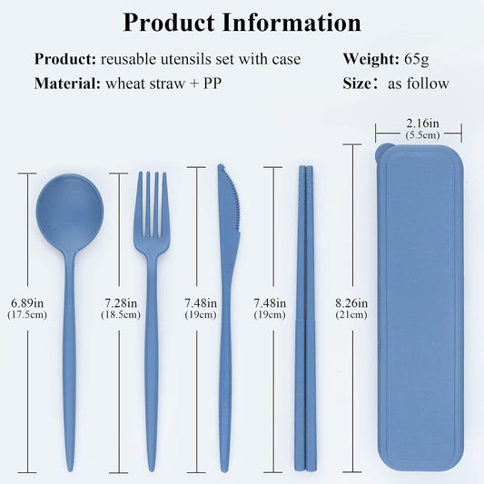 Reusable Utensils Set with Case, 6 Sets Travel Utensils with Case, Wheat Straw Portable Cutlery Set Chopsticks Knives Fork and Spoon for Lunch Box Accessories