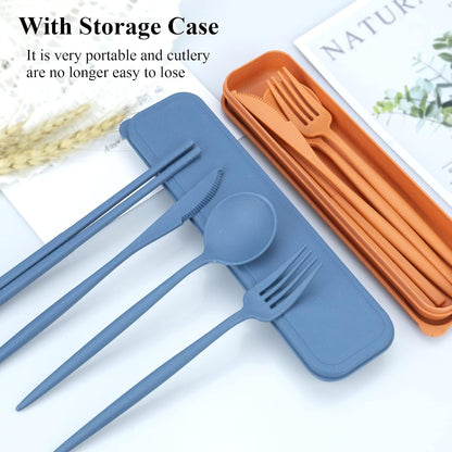 Reusable Utensils Set with Case, 6 Sets Travel Utensils with Case, Wheat Straw Portable Cutlery Set Chopsticks Knives Fork and Spoon for Lunch Box Accessories