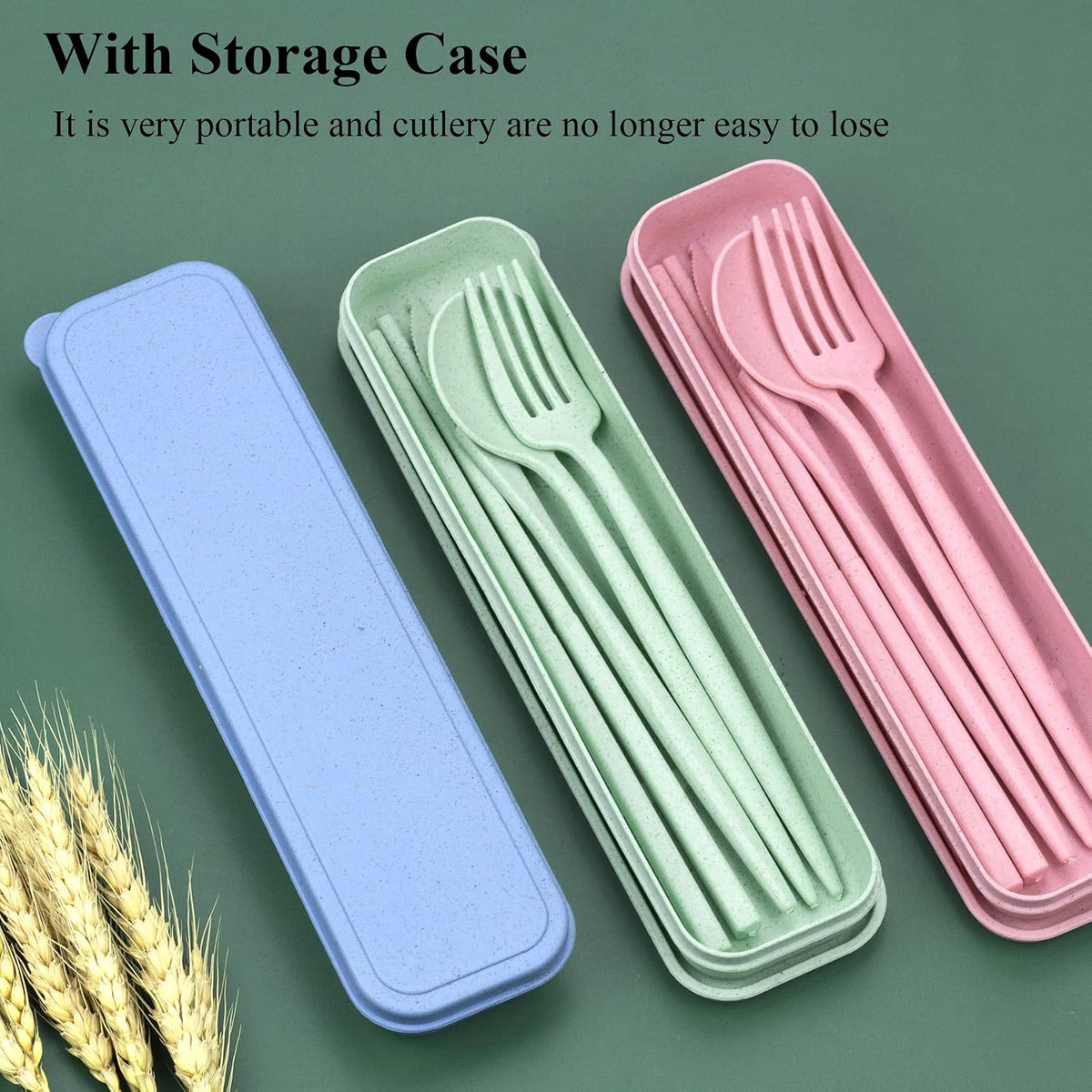 Reusable Utensils Set with Case, 6 Sets Travel Utensils with Case, Wheat Straw Portable Cutlery Set Chopsticks Knives Fork and Spoon for Lunch Box Accessories