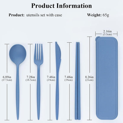 Reusable Utensils Set with Case, 6 Sets Travel Utensils with Case, Wheat Straw Portable Cutlery Set Chopsticks Knives Fork and Spoon for Lunch Box Accessories