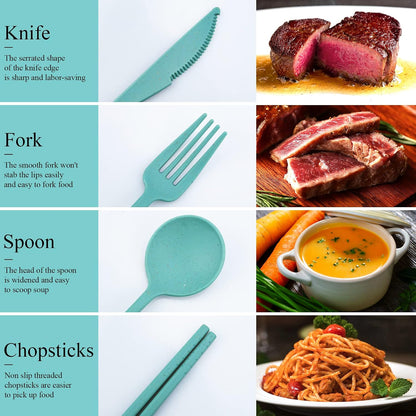 Reusable Utensils Set with Case, 6 Sets Travel Utensils with Case, Wheat Straw Portable Cutlery Set Chopsticks Knives Fork and Spoon for Lunch Box Accessories