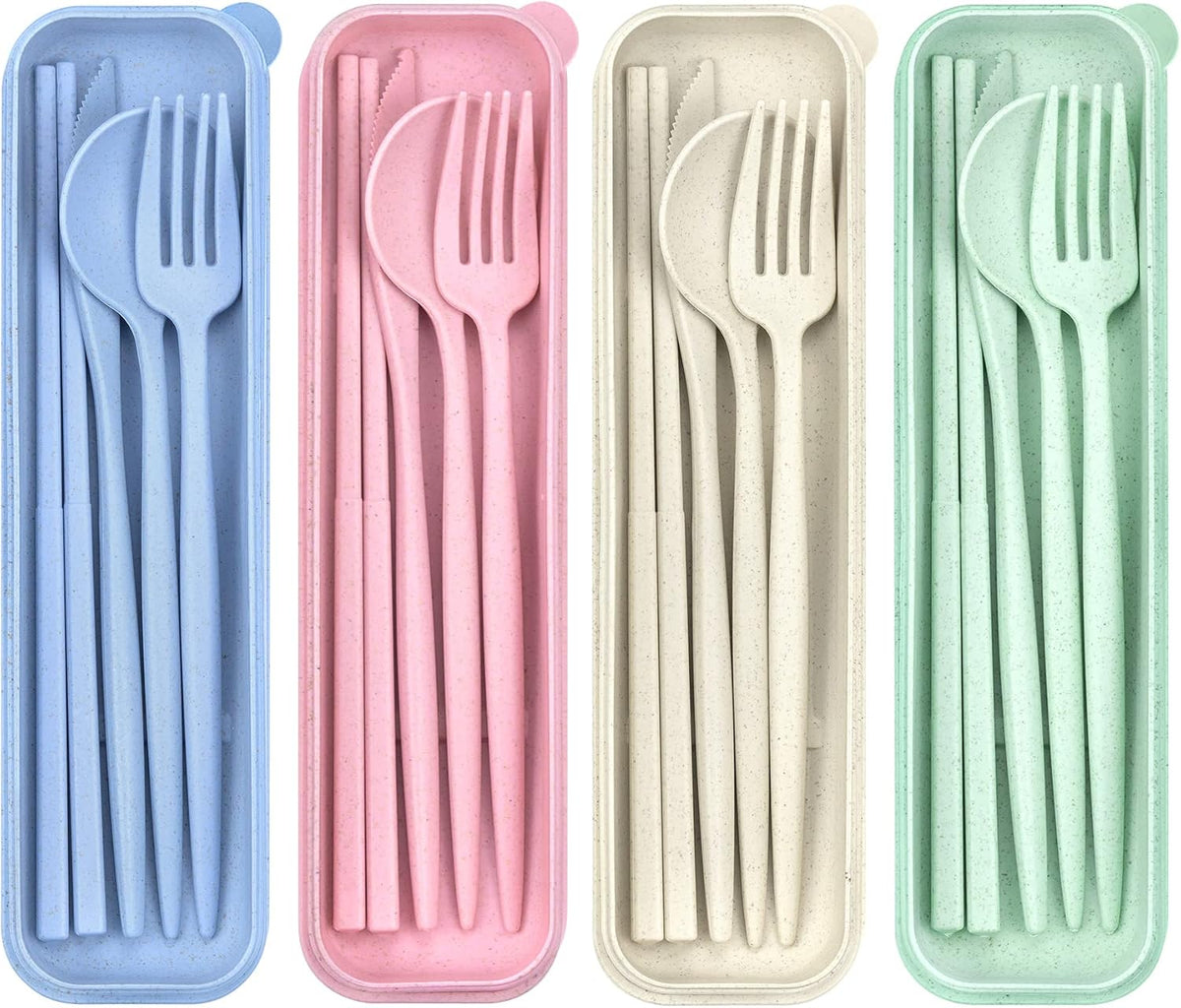 Reusable Utensils Set with Case, 6 Sets Travel Utensils with Case, Wheat Straw Portable Cutlery Set Chopsticks Knives Fork and Spoon for Lunch Box Accessories