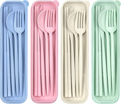Reusable Utensils Set with Case, 6 Sets Travel Utensils with Case, Wheat Straw Portable Cutlery Set Chopsticks Knives Fork and Spoon for Lunch Box Accessories