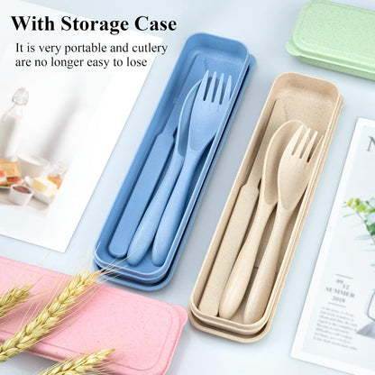 Reusable Utensils Set with Case, 6 Sets Travel Utensils with Case, Wheat Straw Portable Cutlery Set Chopsticks Knives Fork and Spoon for Lunch Box Accessories