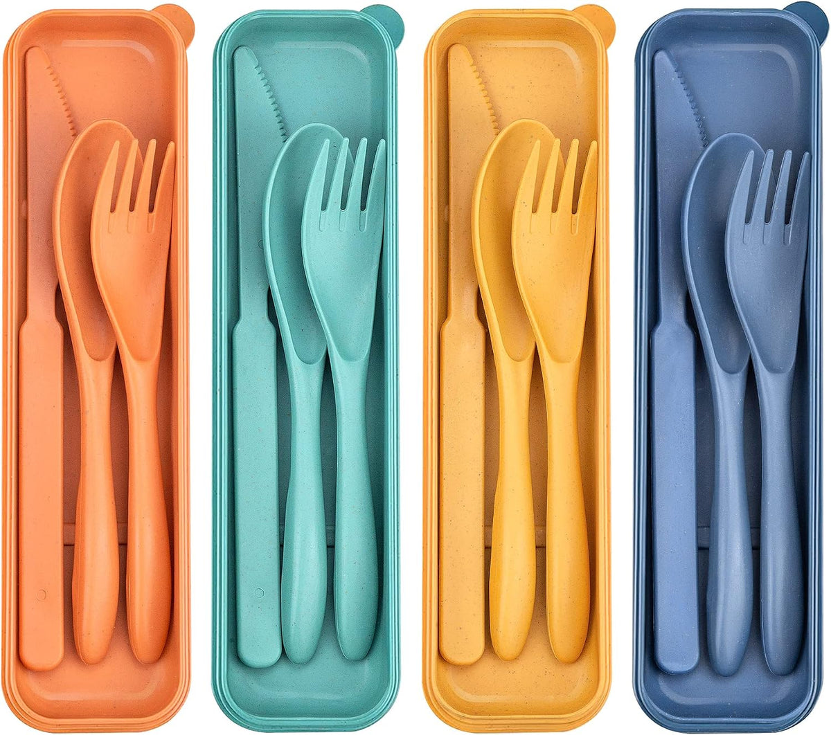 Reusable Utensils Set with Case, 6 Sets Travel Utensils with Case, Wheat Straw Portable Cutlery Set Chopsticks Knives Fork and Spoon for Lunch Box Accessories