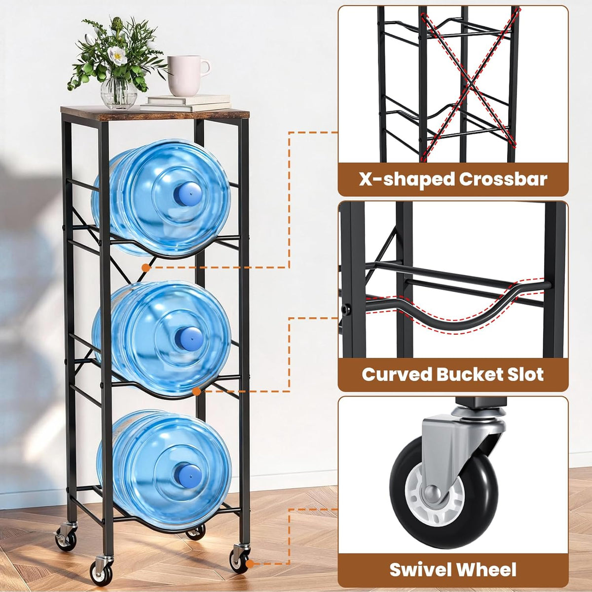 5 Gallon Water Jug Holder -5 Gallon Water Jug Stand with Storage Shelves for Kitchen, Living Room, Office (3 Tier)