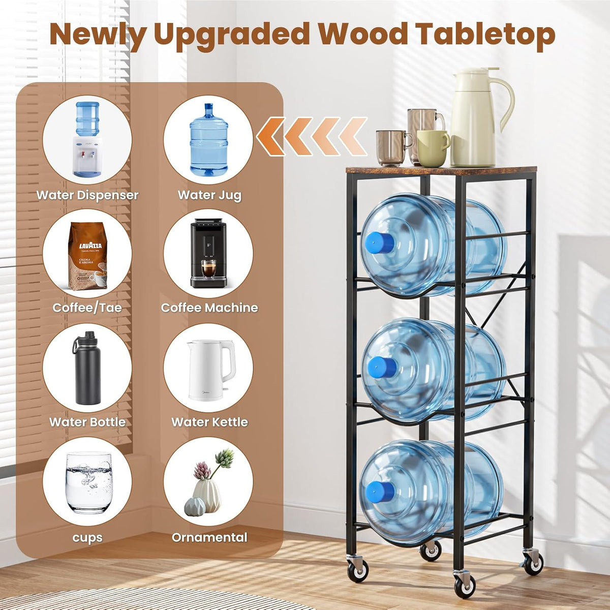 5 Gallon Water Jug Holder -5 Gallon Water Jug Stand with Storage Shelves for Kitchen, Living Room, Office (3 Tier)