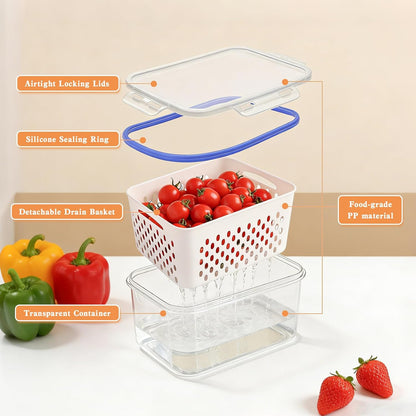3PC 4 in 1 Food Storage Containers for Fridge with Lid,Produce Keeper with Removable Colander & Drain Basket,Airtight Leakproof Fruit Vegetable Storage Containers Transparent Kitchen Organize(S+M+L)