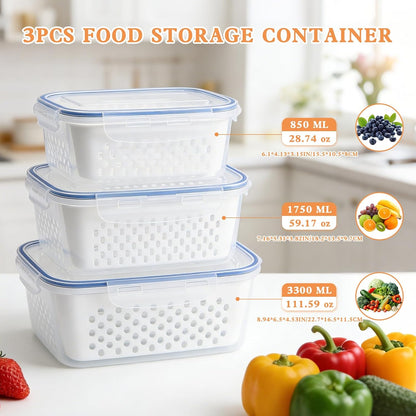 3PC 4 in 1 Food Storage Containers for Fridge with Lid,Produce Keeper with Removable Colander & Drain Basket,Airtight Leakproof Fruit Vegetable Storage Containers Transparent Kitchen Organize(S+M+L)