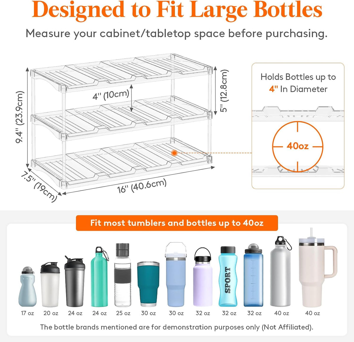 Stackable Water Bottle Organizer, Clear Tumbler Holder for Cabinet