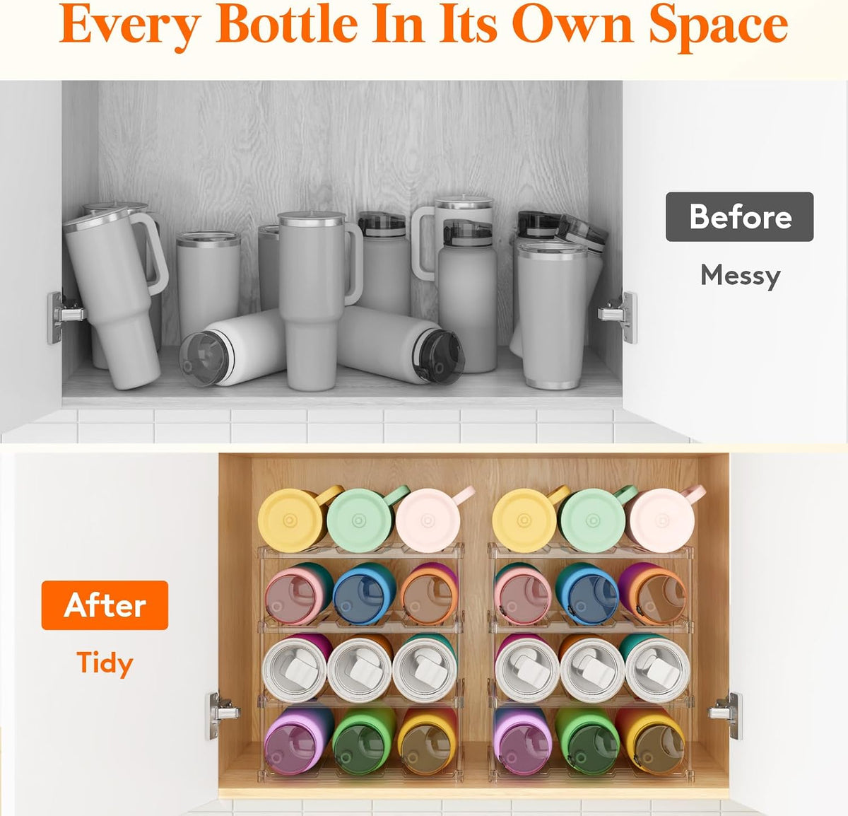 Stackable Water Bottle Organizer, Clear Tumbler Holder for Cabinet