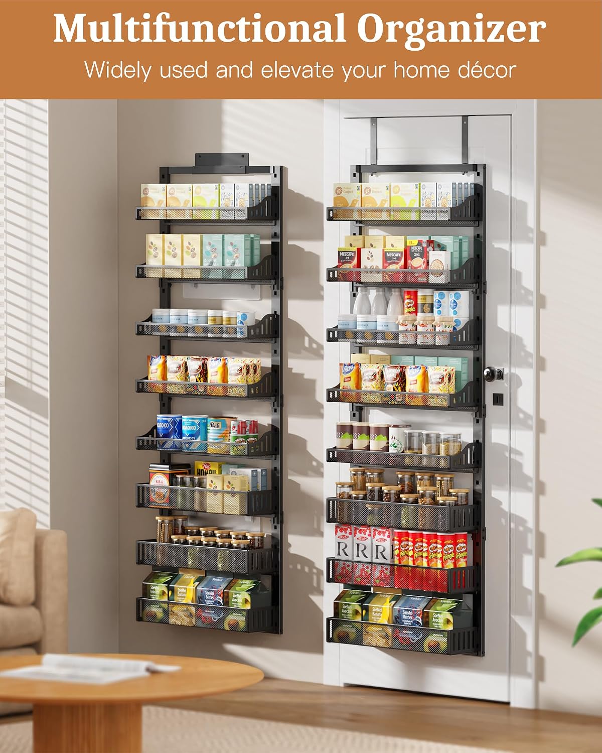 Over the Door Pantry Organizer 8-Tier, Large Metal Door Spice Rack with Adjustable Basket, 2 in 1 Wall Mount or Hanging Heavy-Duty Pantry Door Storage Shelf for Kitchen and Bathroom, White