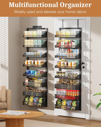 Over the Door Pantry Organizer 8-Tier, Large Metal Door Spice Rack with Adjustable Basket, 2 in 1 Wall Mount or Hanging Heavy-Duty Pantry Door Storage Shelf for Kitchen and Bathroom, White