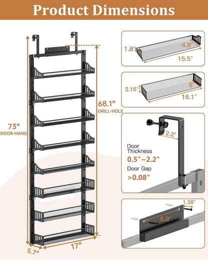 Over the Door Pantry Organizer 8-Tier, Large Metal Door Spice Rack with Adjustable Basket, 2 in 1 Wall Mount or Hanging Heavy-Duty Pantry Door Storage Shelf for Kitchen and Bathroom, White