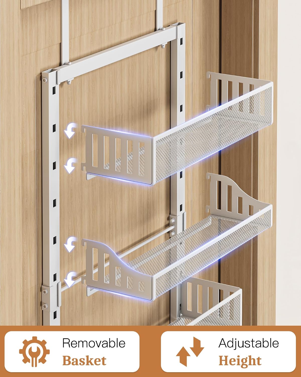 Over the Door Pantry Organizer 8-Tier, Large Metal Door Spice Rack with Adjustable Basket, 2 in 1 Wall Mount or Hanging Heavy-Duty Pantry Door Storage Shelf for Kitchen and Bathroom, White