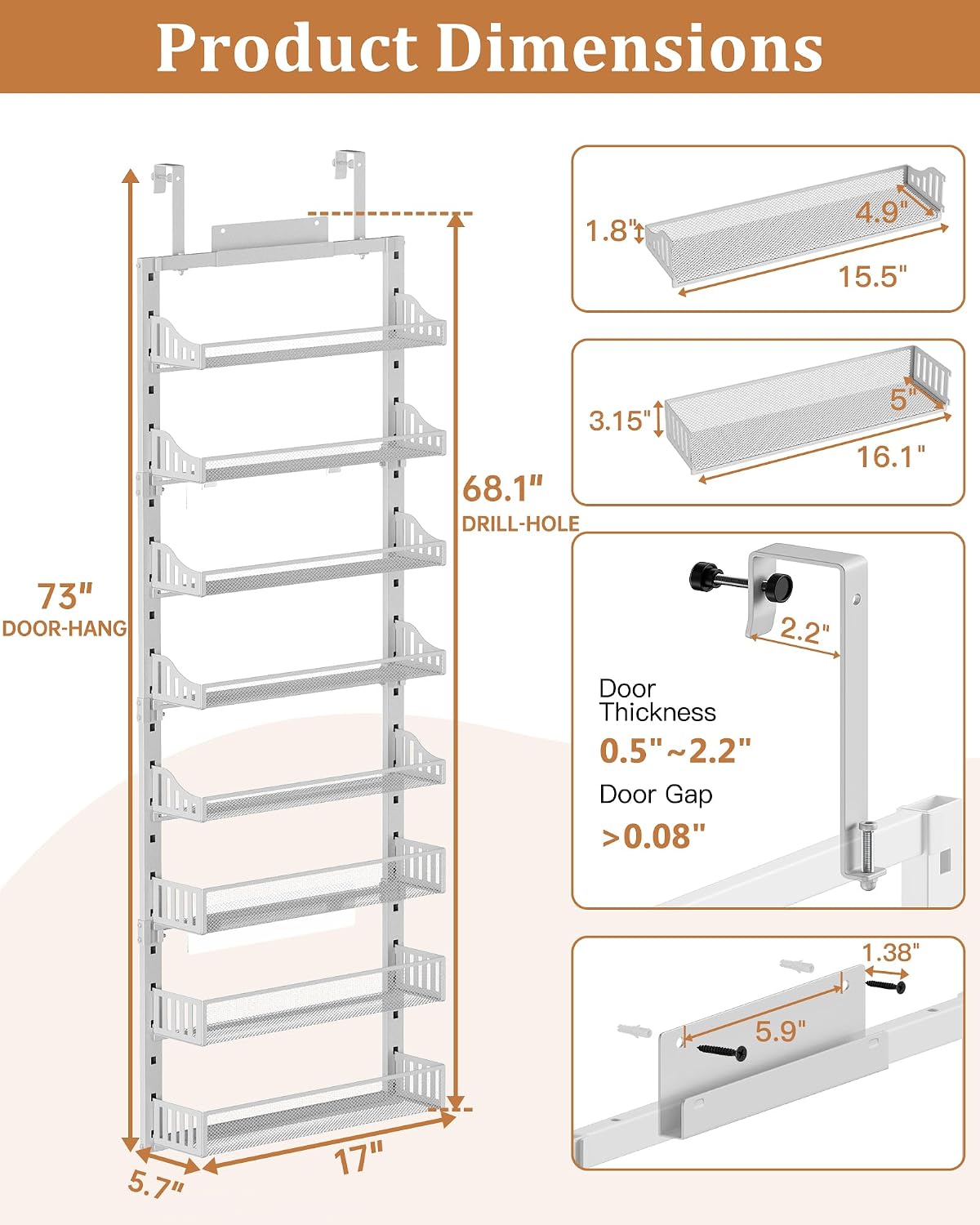 Over the Door Pantry Organizer 8-Tier, Large Metal Door Spice Rack with Adjustable Basket, 2 in 1 Wall Mount or Hanging Heavy-Duty Pantry Door Storage Shelf for Kitchen and Bathroom, White