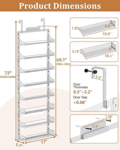 Over the Door Pantry Organizer 8-Tier, Large Metal Door Spice Rack with Adjustable Basket, 2 in 1 Wall Mount or Hanging Heavy-Duty Pantry Door Storage Shelf for Kitchen and Bathroom, White