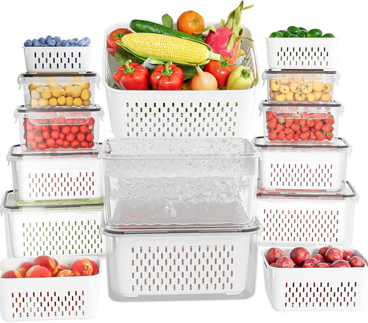 KEMETHY 10 Pack Fruit Storage Containers for Fridge with Removable Colanders - Food Storage Containers with Lids, BPA-Free Produce Containers Keep Fruits, Vegetables, Berry, Meat Fresh Longer