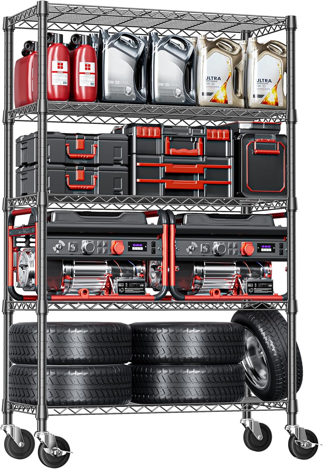 5-Tier Adjustable Heavy Duty Steel Wire Shelving Unit with Wheels, Storage Rack Organizer for Garage, Kitchen, Office, Laundry, Basement (Black, 17.7" D x 47.2" W x 76.7" H, 1750 lbs Capacity)