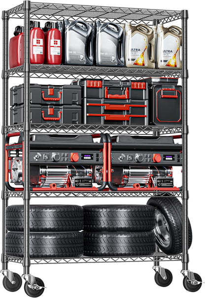 5-Tier Adjustable Heavy Duty Steel Wire Shelving Unit with Wheels, Storage Rack Organizer for Garage, Kitchen, Office, Laundry, Basement (Black, 17.7" D x 47.2" W x 76.7" H, 1750 lbs Capacity)