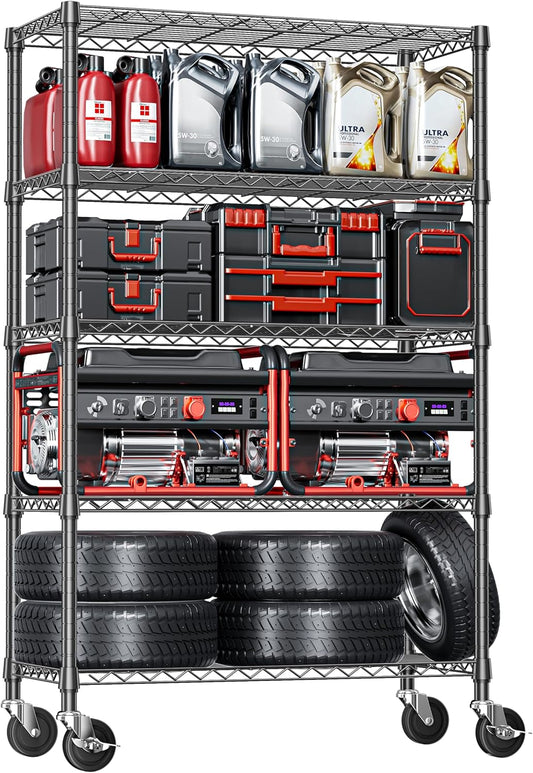 5-Tier Adjustable Heavy Duty Steel Wire Shelving Unit with Wheels, Storage Rack Organizer for Garage, Kitchen, Office, Laundry, Basement (Black, 17.7" D x 47.2" W x 76.7" H, 1750 lbs Capacity)