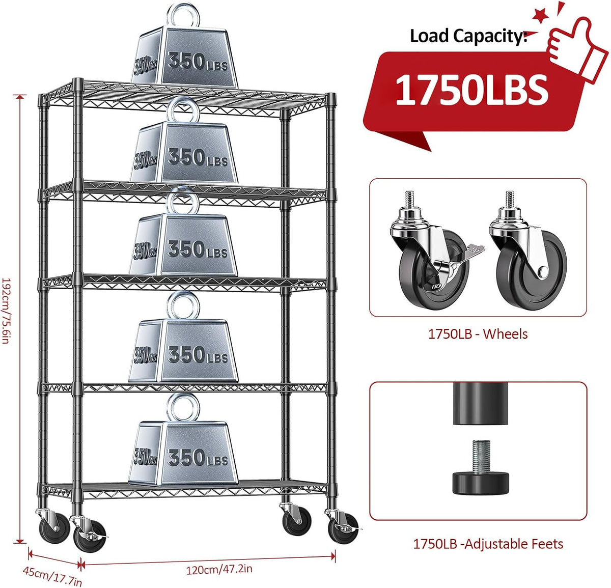 5-Tier Adjustable Heavy Duty Steel Wire Shelving Unit with Wheels, Storage Rack Organizer for Garage, Kitchen, Office, Laundry, Basement (Black, 17.7" D x 47.2" W x 76.7" H, 1750 lbs Capacity)