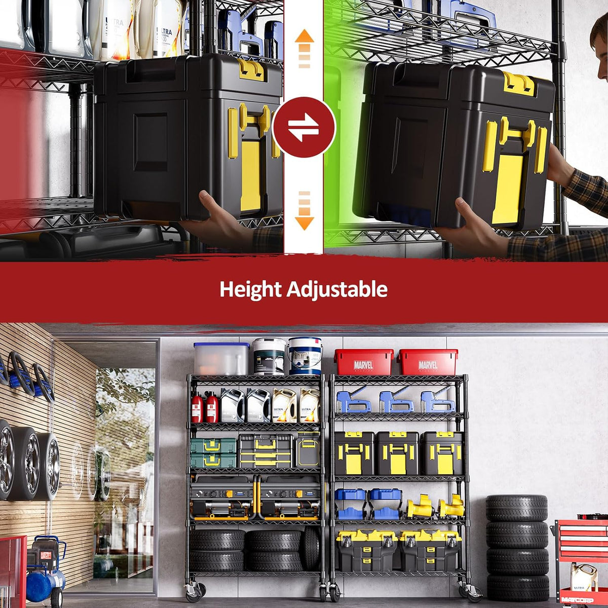 5-Tier Adjustable Heavy Duty Steel Wire Shelving Unit with Wheels, Storage Rack Organizer for Garage, Kitchen, Office, Laundry, Basement (Black, 17.7" D x 47.2" W x 76.7" H, 1750 lbs Capacity)