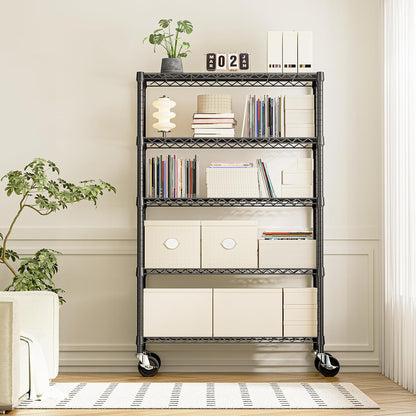 5-Tier Adjustable Heavy Duty Steel Wire Shelving Unit with Wheels, Storage Rack Organizer for Garage, Kitchen, Office, Laundry, Basement (Black, 17.7" D x 47.2" W x 76.7" H, 1750 lbs Capacity)