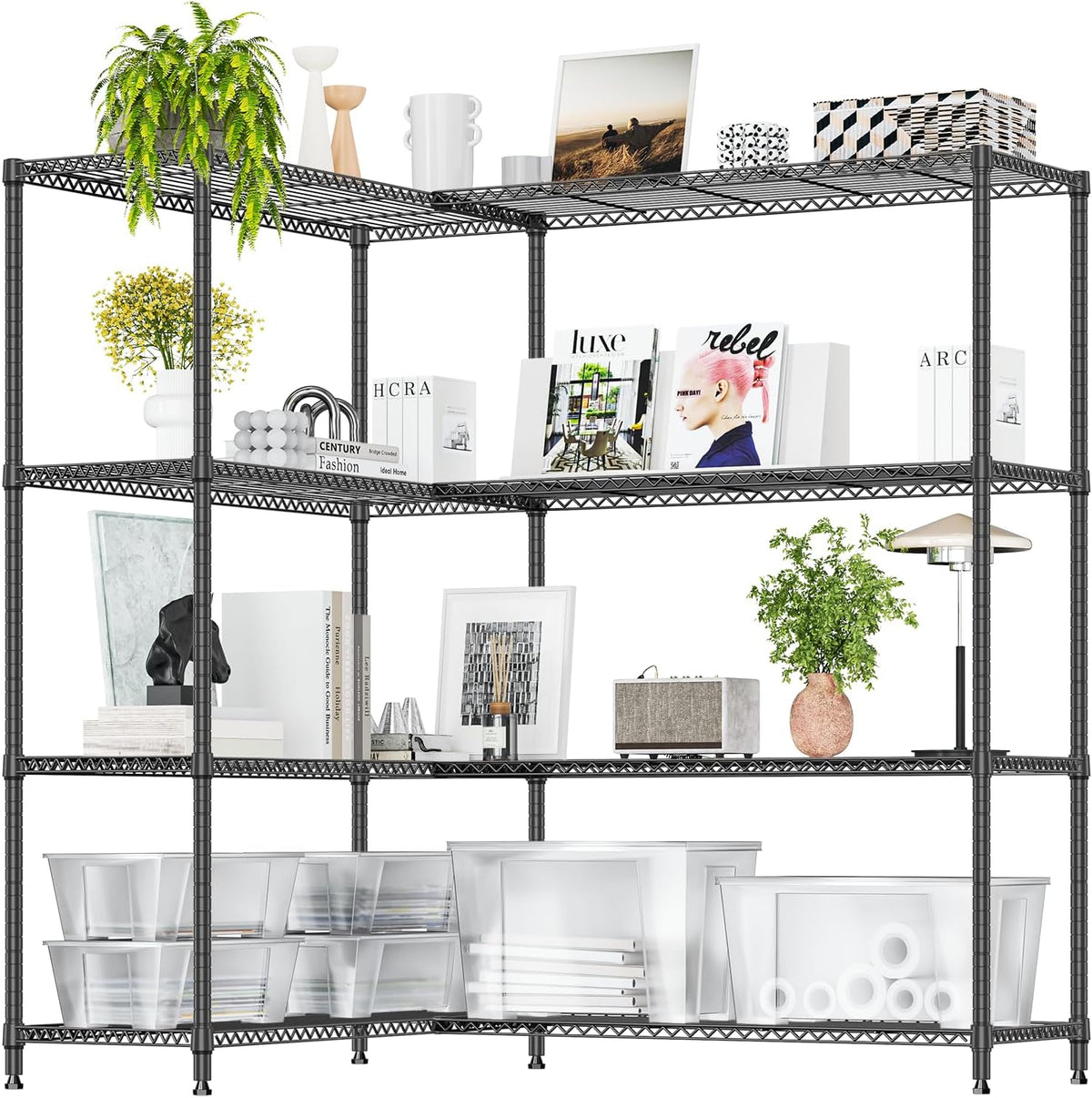 5-Tier Adjustable Heavy Duty Steel Wire Shelving Unit with Wheels, Storage Rack Organizer for Garage, Kitchen, Office, Laundry, Basement (Black, 17.7" D x 47.2" W x 76.7" H, 1750 lbs Capacity)