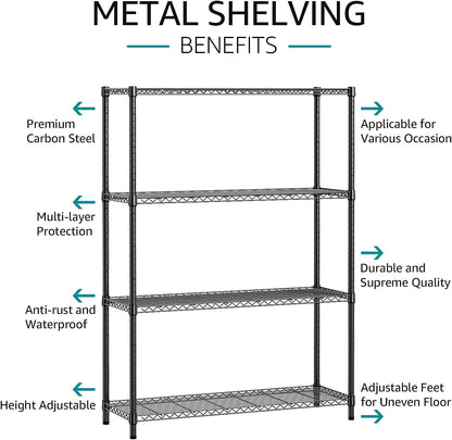 5-Tier Adjustable Heavy Duty Steel Wire Shelving Unit with Wheels, Storage Rack Organizer for Garage, Kitchen, Office, Laundry, Basement (Black, 17.7" D x 47.2" W x 76.7" H, 1750 lbs Capacity)