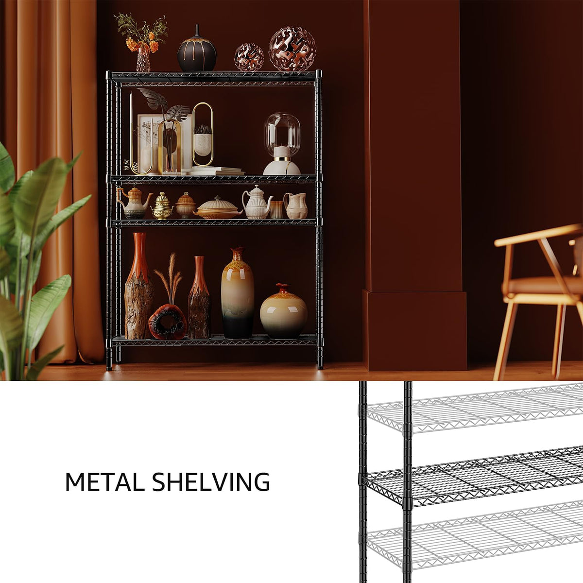 5-Tier Adjustable Heavy Duty Steel Wire Shelving Unit with Wheels, Storage Rack Organizer for Garage, Kitchen, Office, Laundry, Basement (Black, 17.7" D x 47.2" W x 76.7" H, 1750 lbs Capacity)