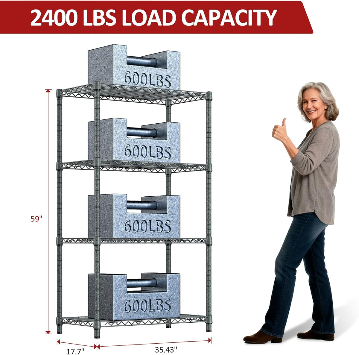 5-Tier Adjustable Heavy Duty Steel Wire Shelving Unit with Wheels, Storage Rack Organizer for Garage, Kitchen, Office, Laundry, Basement (Black, 17.7" D x 47.2" W x 76.7" H, 1750 lbs Capacity)