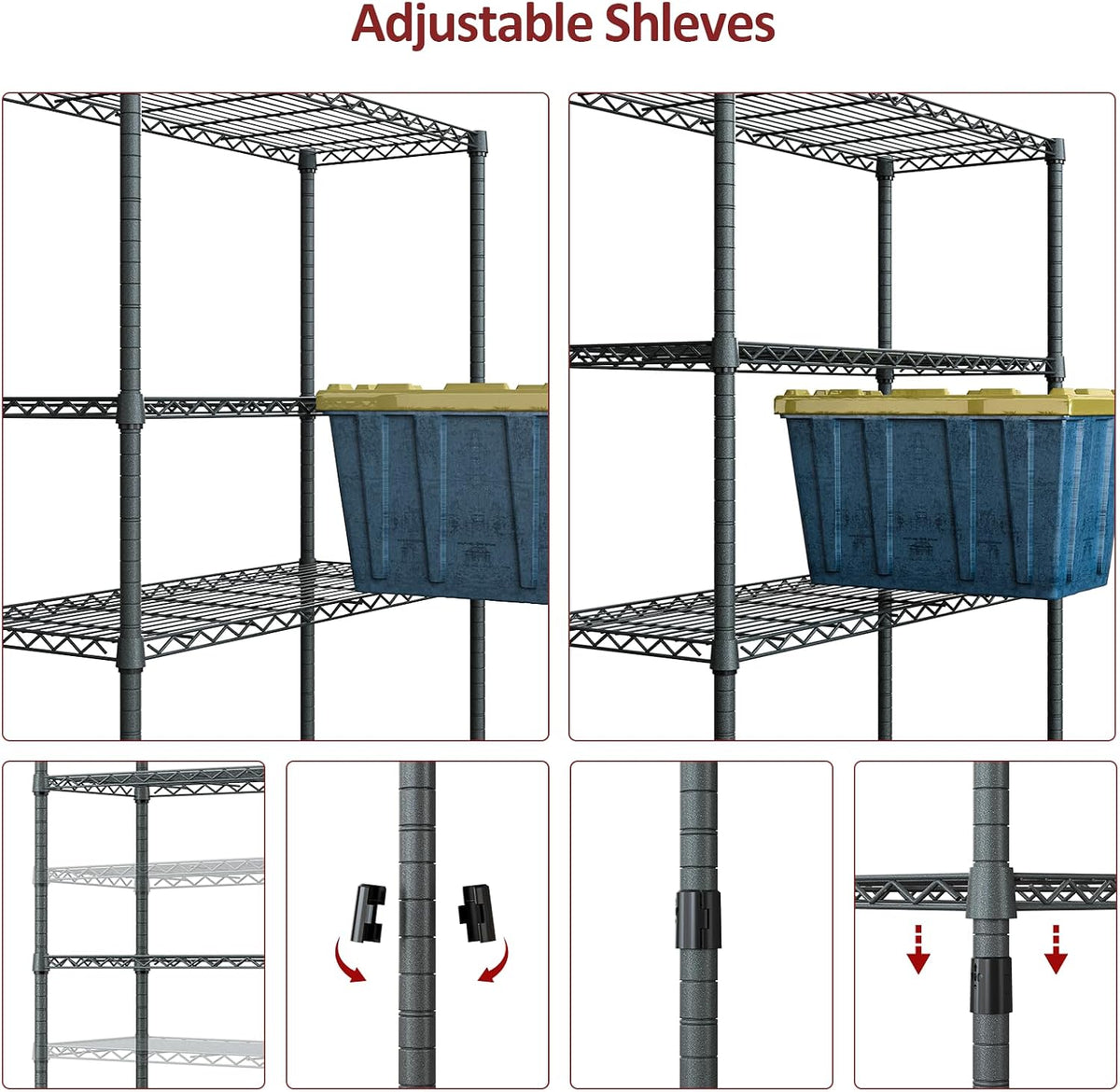 5-Tier Adjustable Heavy Duty Steel Wire Shelving Unit with Wheels, Storage Rack Organizer for Garage, Kitchen, Office, Laundry, Basement (Black, 17.7" D x 47.2" W x 76.7" H, 1750 lbs Capacity)