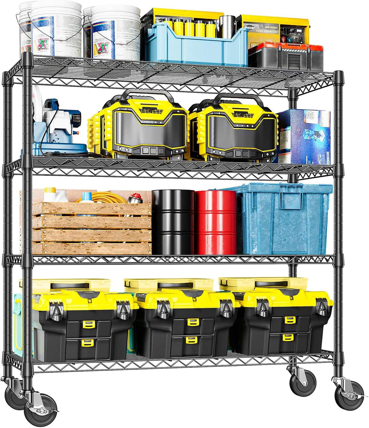 5-Tier Adjustable Heavy Duty Steel Wire Shelving Unit with Wheels, Storage Rack Organizer for Garage, Kitchen, Office, Laundry, Basement (Black, 17.7" D x 47.2" W x 76.7" H, 1750 lbs Capacity)